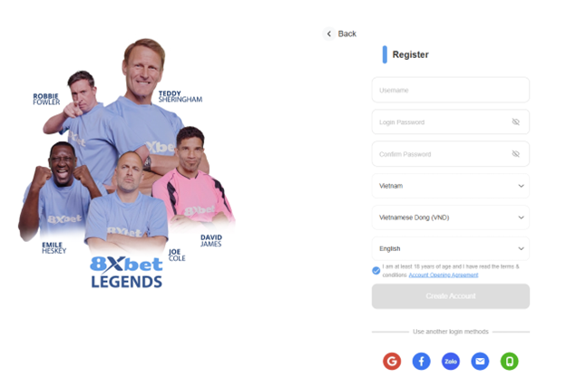 Biểu mẫu đăng nhập 8xbet với thông tin số điện thoại, tên đăng nhập và mật khẩu